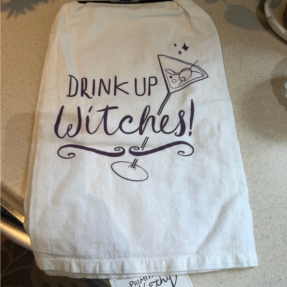 Primitive White Kitchen Towel with Black Hand-Lettered Design